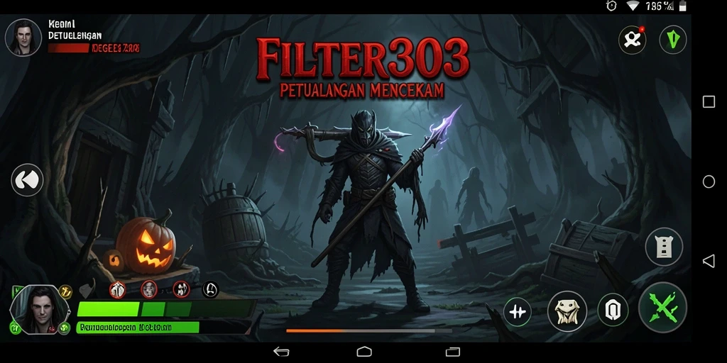 Screenshot gameplay FILTER303 menampilkan suasana horor yang mencekam.
