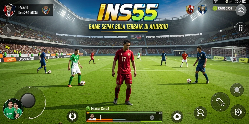 Gameplay INS55 menampilkan aksi seru pertandingan sepak bola.