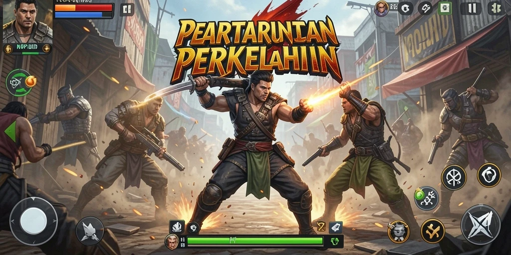 Tangkapan layar utama MPOID menunjukkan pertarungan karakter yang seru.
