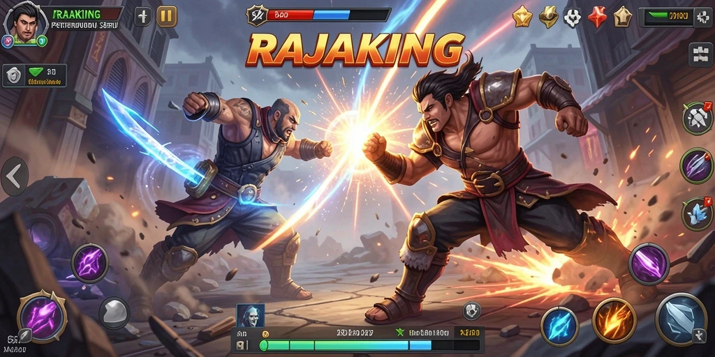 Screenshot gameplay RAJAKING menunjukkan pertempuran seru dengan karakter yang dinamis.