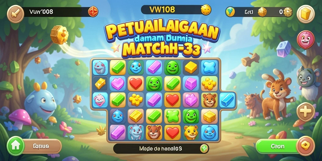 Screenshot VW108 menampilkan gameplay Match-3 yang menarik.