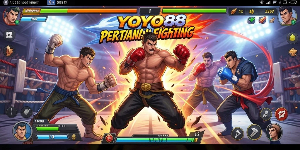 Screenshot menunjukkan aksi pertarungan karakter di dalam game Fighting.